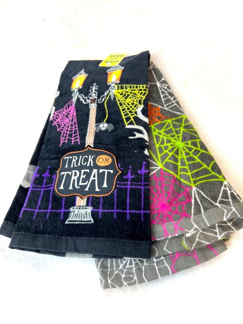 New Halloween Hand Towels Glow in the Dark Spider Webs Street lamps Spooky 2 PK